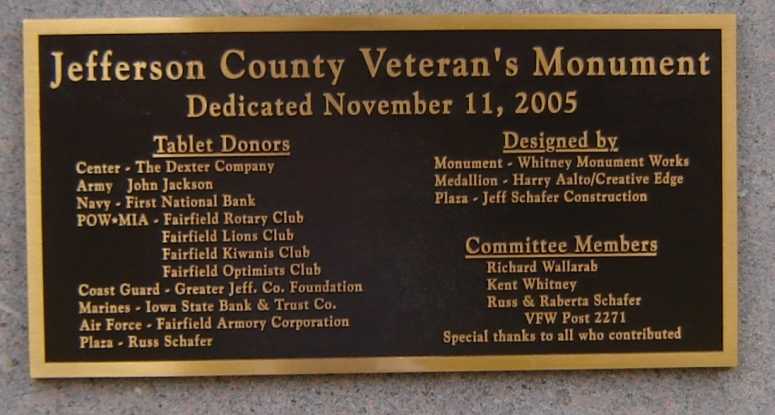 Plaque - Jefferson County Veteran's Monument